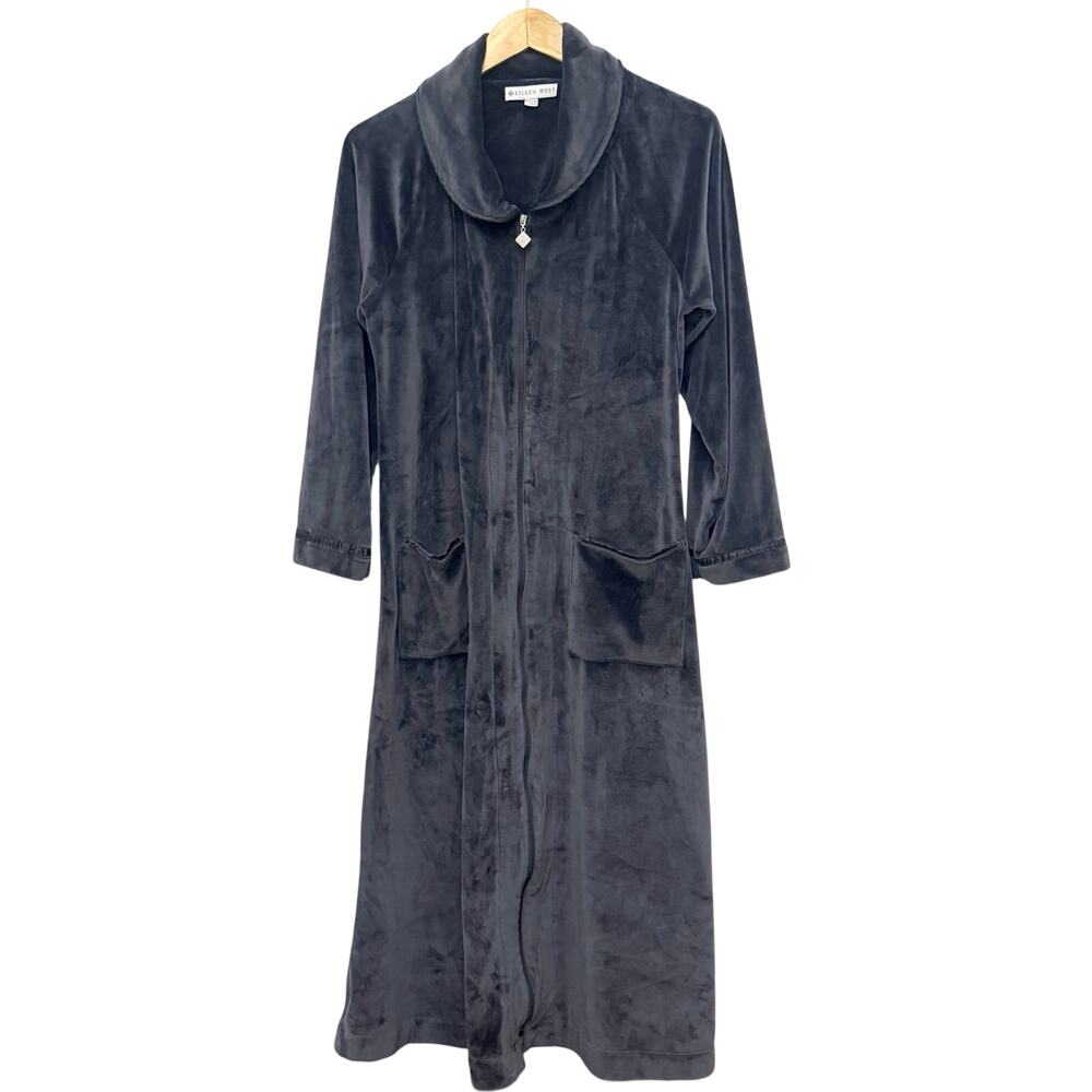 Eileen West Lux Velour Long Zip Robe Size S / M Charcoal Gray Velvet Pockets